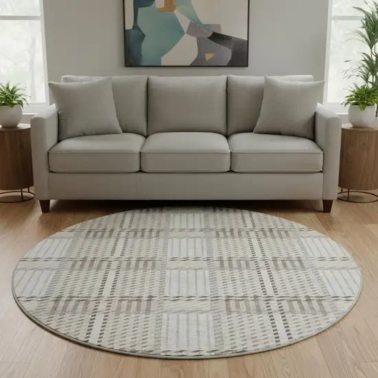 8' Ivory Taupe And Gray Plaid Washable Round Rug With UV Protection Photo 2