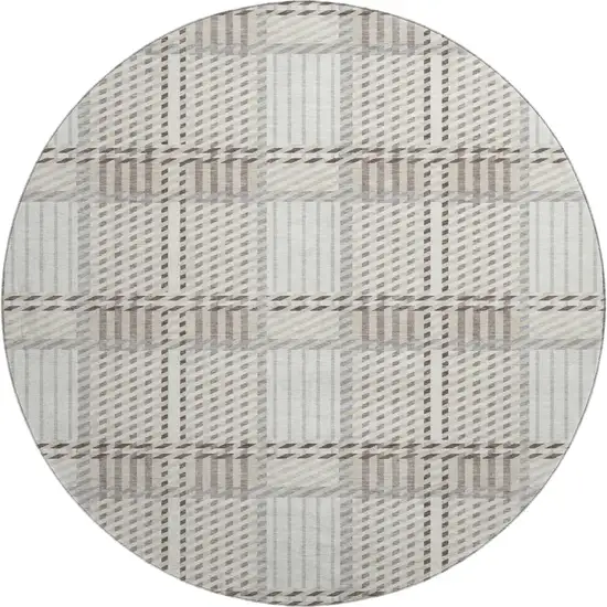 8' Ivory Taupe And Gray Plaid Washable Round Rug With UV Protection Photo 1