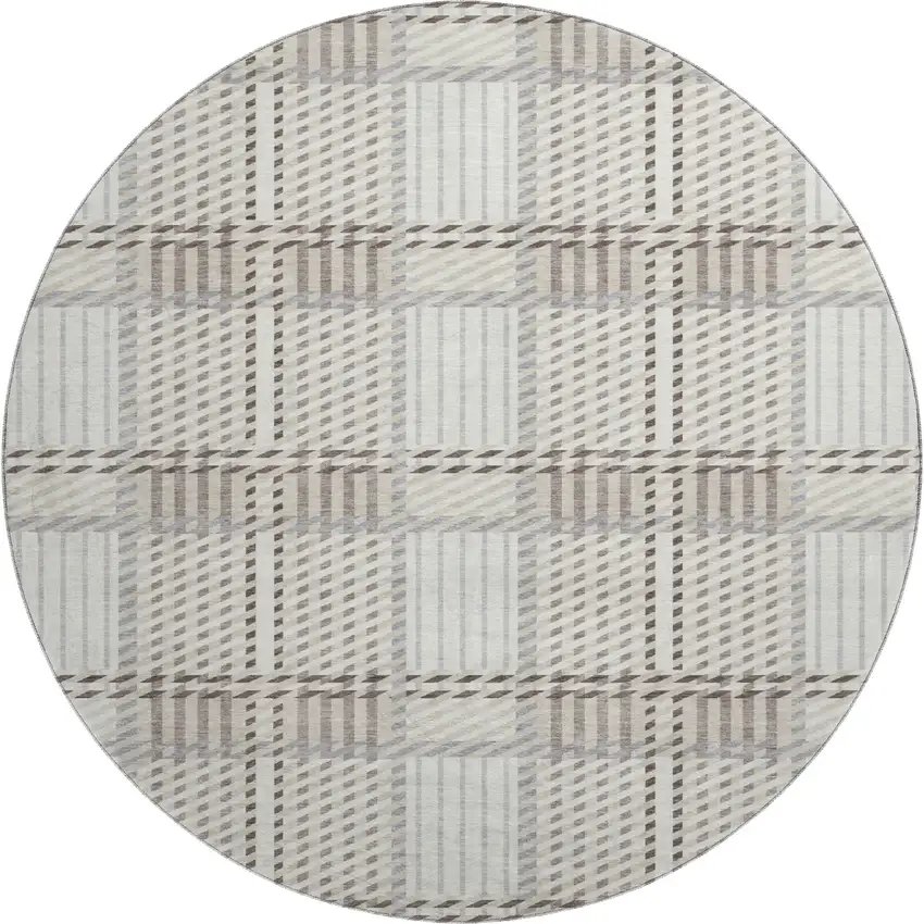 8' Ivory Taupe And Gray Plaid Washable Round Rug With UV Protection Photo 1