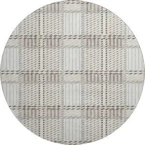 Photo of 8' Ivory Taupe And Gray Plaid Washable Round Rug With UV Protection