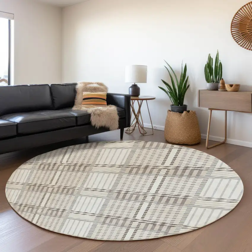 8' Ivory Taupe And Gray Plaid Washable Round Rug With UV Protection Photo 4