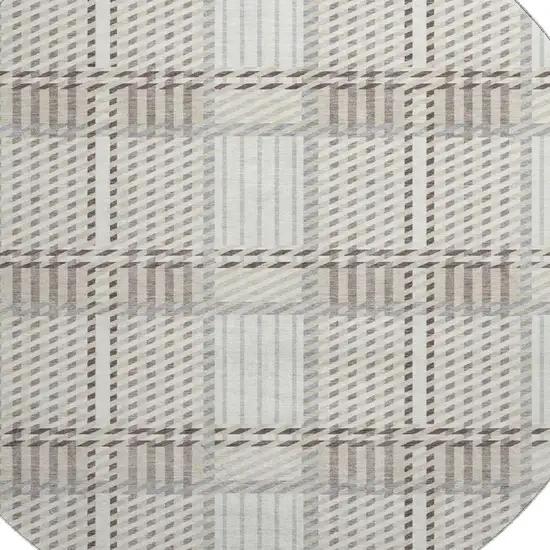 8' Ivory Taupe And Gray Plaid Washable Round Rug With UV Protection Photo 2