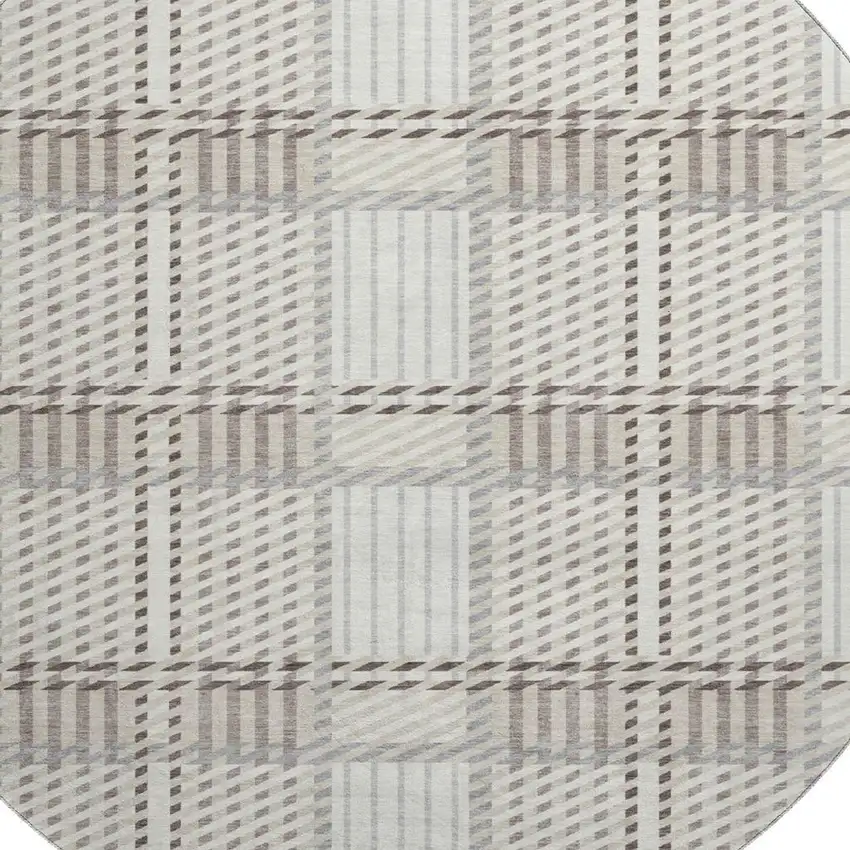 8' Ivory Taupe And Gray Plaid Washable Round Rug With UV Protection Photo 2