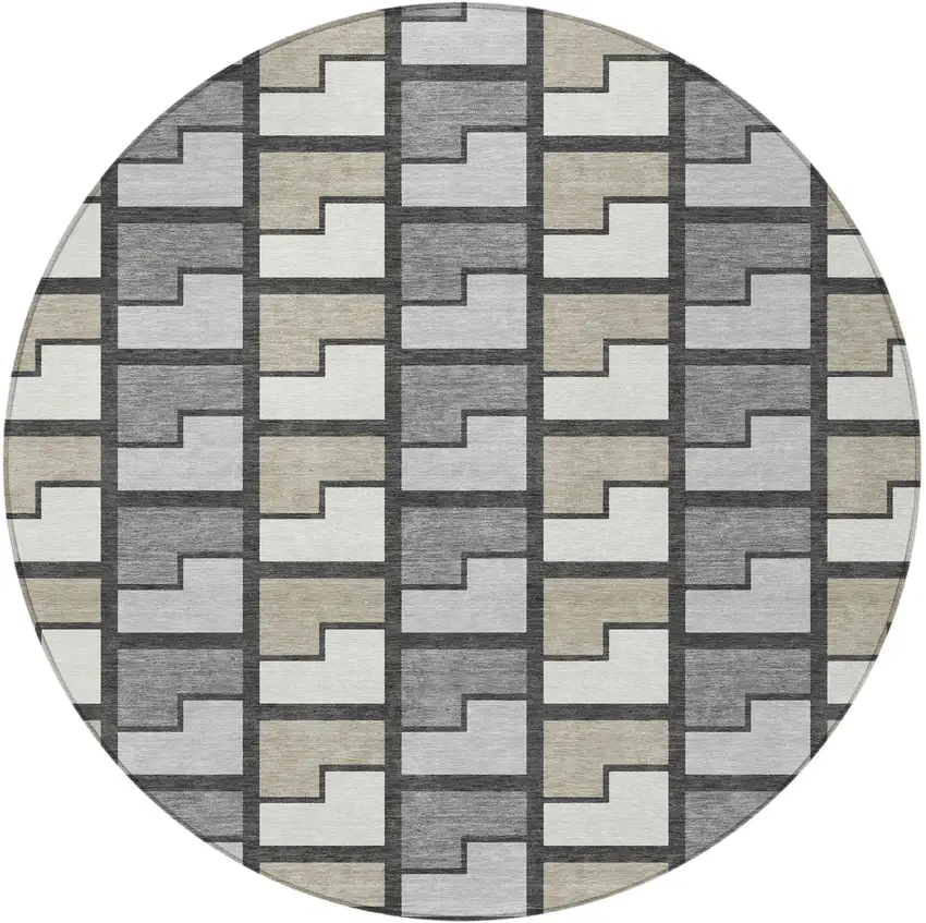 8' Ivory Taupe And Gray Round Geometric Washable Indoor Outdoor Area Rug Photo 3