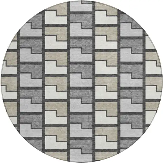 8' Ivory Taupe And Gray Round Geometric Washable Indoor Outdoor Area Rug Photo 1