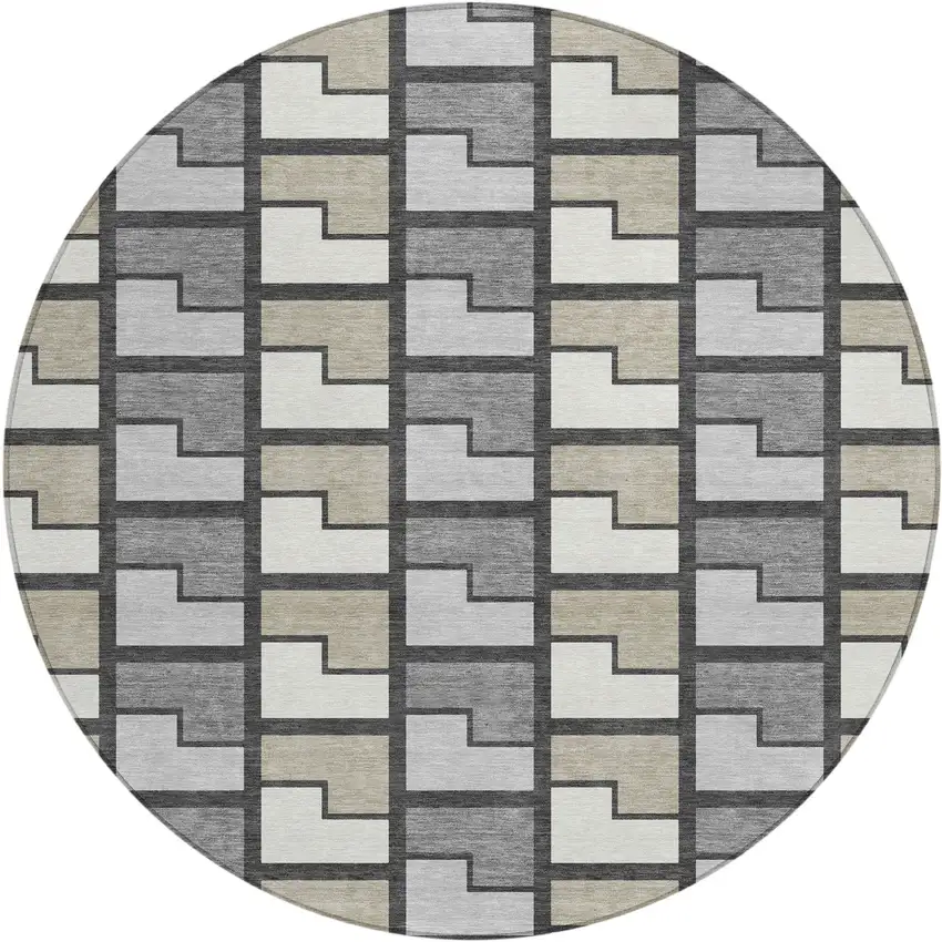 8' Ivory Taupe And Gray Round Geometric Washable Indoor Outdoor Area Rug Photo 1