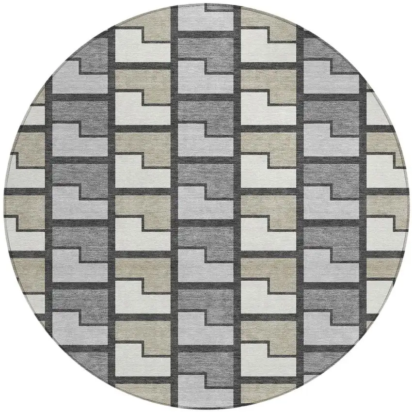 8' Ivory Taupe And Gray Round Geometric Washable Indoor Outdoor Area Rug Photo 2