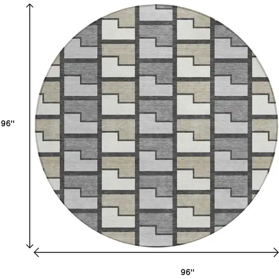 8' Ivory Taupe And Gray Round Geometric Washable Indoor Outdoor Area Rug Photo 7