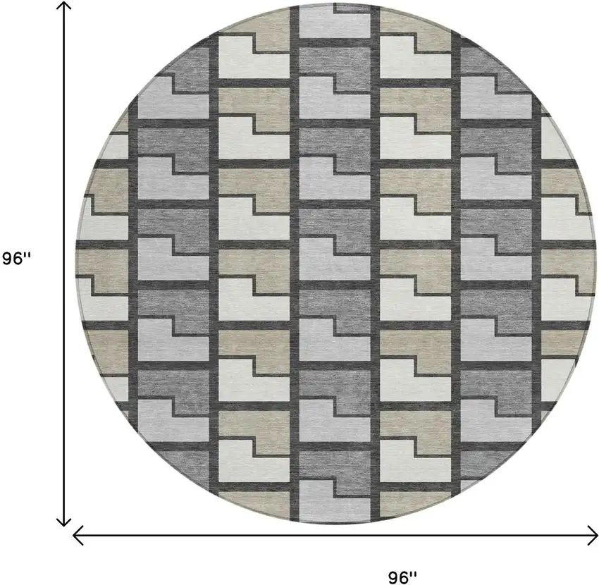 8' Ivory Taupe And Gray Round Geometric Washable Indoor Outdoor Area Rug Photo 7