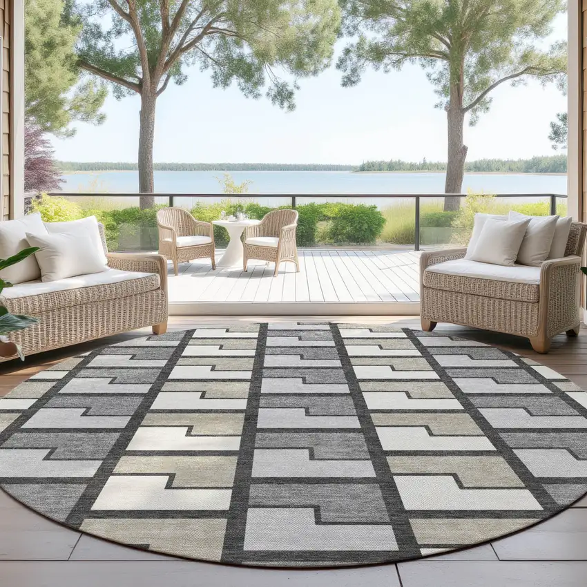 8' Ivory Taupe And Gray Round Geometric Washable Indoor Outdoor Area Rug Photo 4