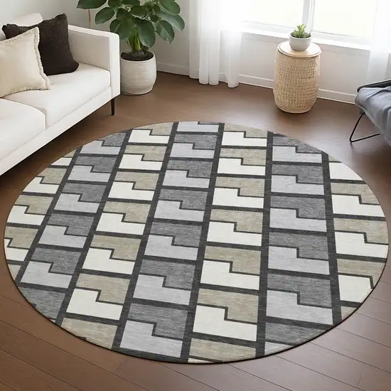 8' Ivory Taupe And Gray Round Geometric Washable Indoor Outdoor Area Rug Photo 5