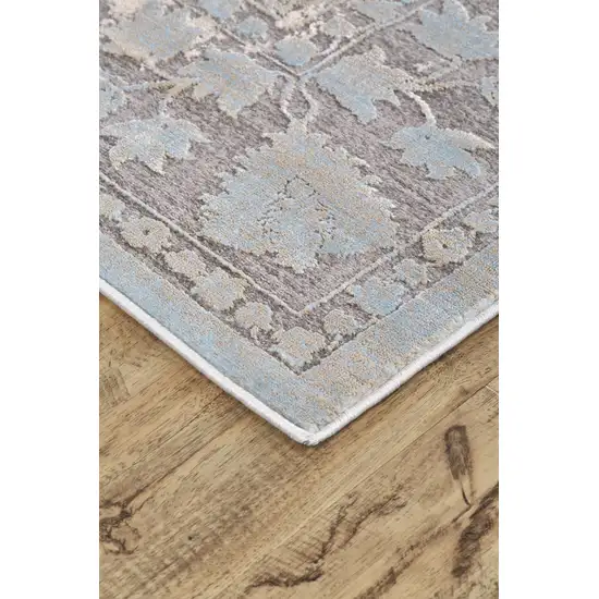 8' Ivory Taupe and Blue Abstract Power Loom Worn Faded Runner Rug Photo 7