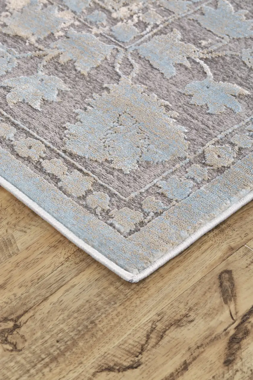8' Ivory Taupe and Blue Abstract Power Loom Worn Faded Runner Rug Photo 7