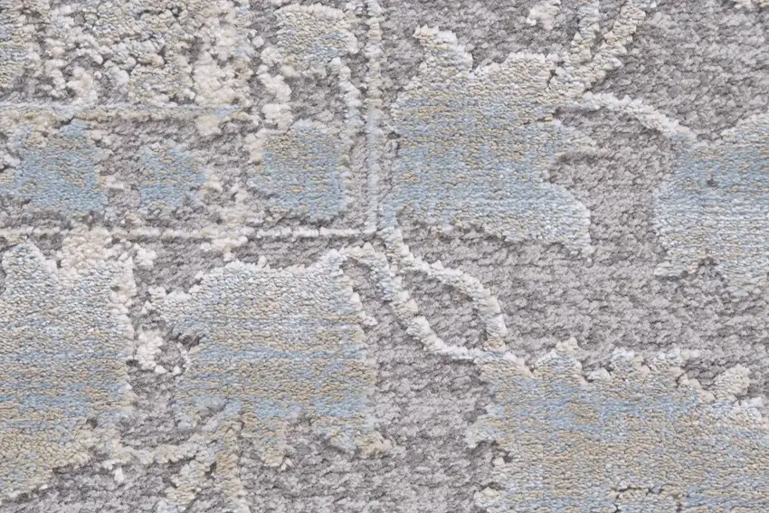 8' Ivory Taupe and Blue Abstract Power Loom Worn Faded Runner Rug Photo 5