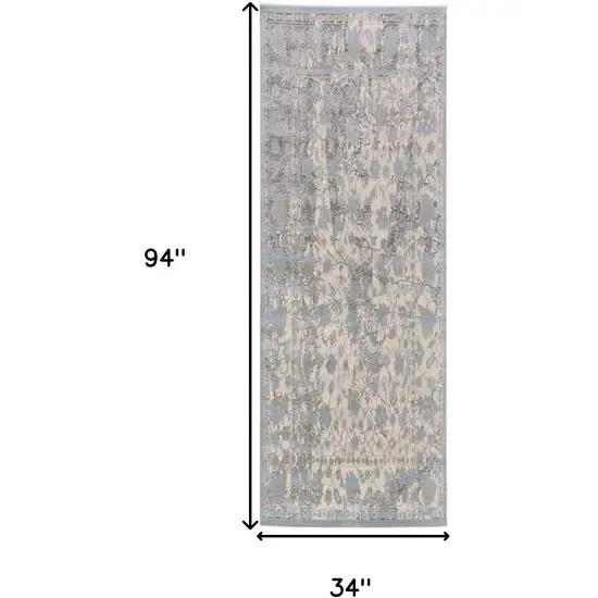 8' Ivory Taupe and Blue Abstract Power Loom Worn Faded Runner Rug Photo 3