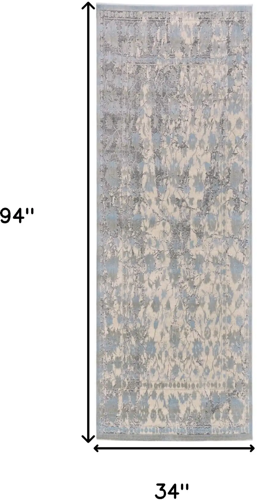 8' Ivory Taupe and Blue Abstract Power Loom Worn Faded Runner Rug Photo 3