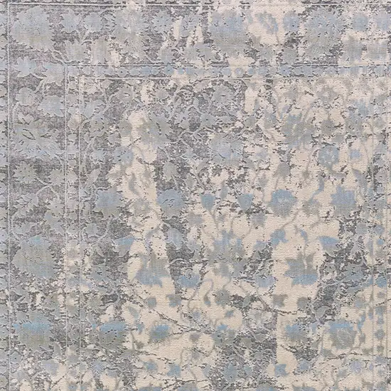 8' Ivory Taupe and Blue Abstract Power Loom Worn Faded Runner Rug Photo 9
