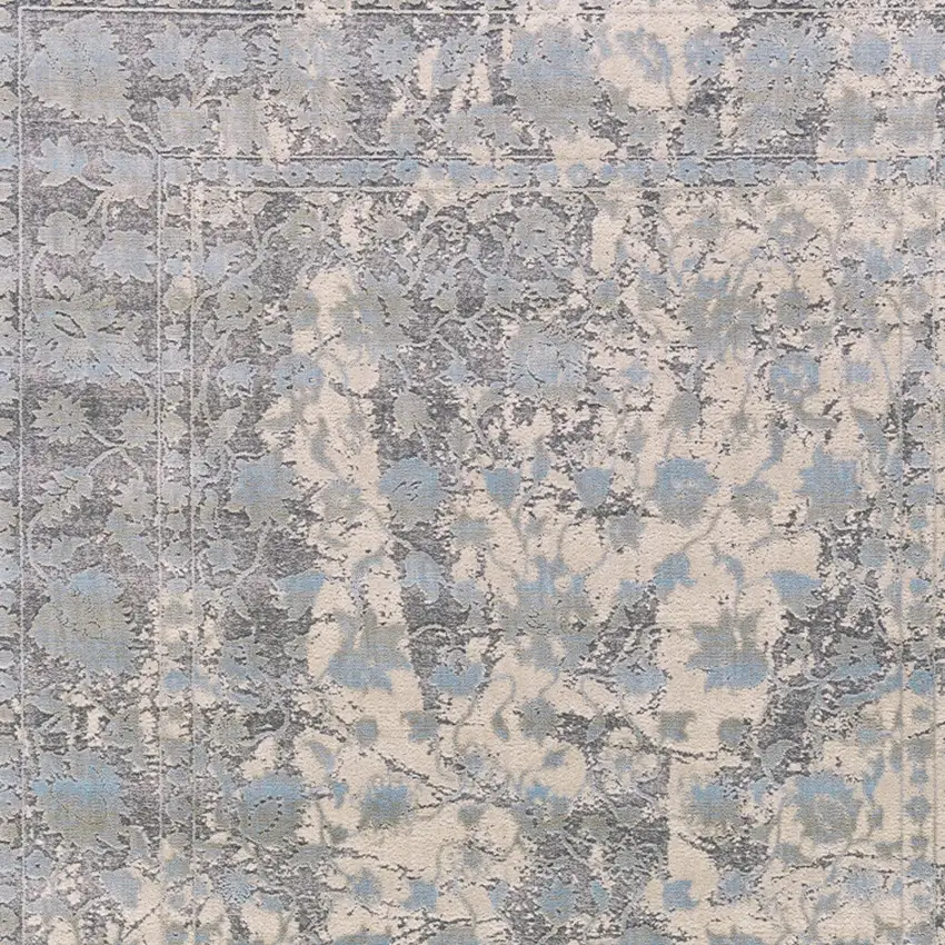 8' Ivory Taupe and Blue Abstract Power Loom Worn Faded Runner Rug Photo 9