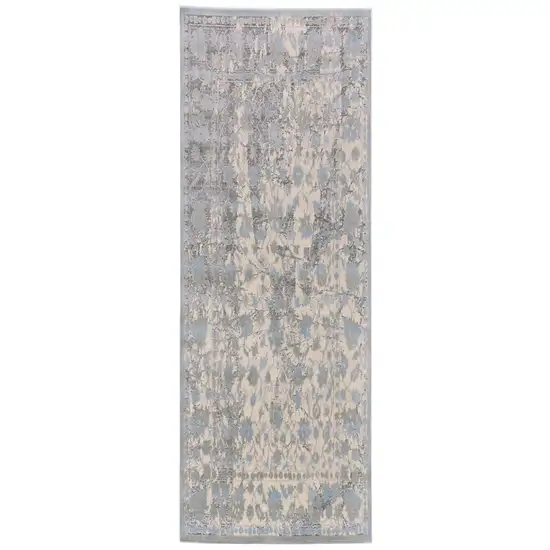 8' Ivory Taupe and Blue Abstract Power Loom Worn Faded Runner Rug Photo 2