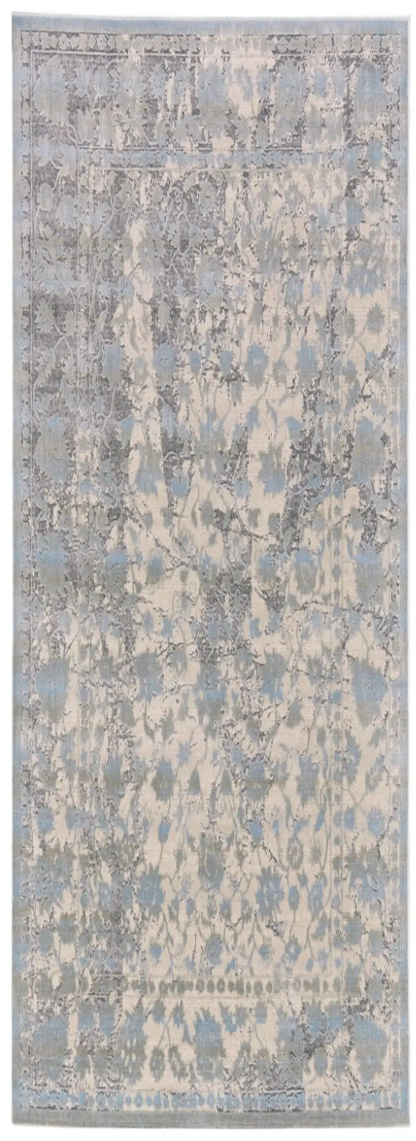 8' Ivory Taupe and Blue Abstract Power Loom Worn Faded Runner Rug Photo 2