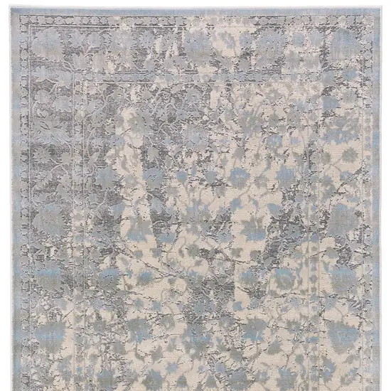 8' Ivory Taupe and Blue Abstract Power Loom Worn Faded Runner Rug Photo 4