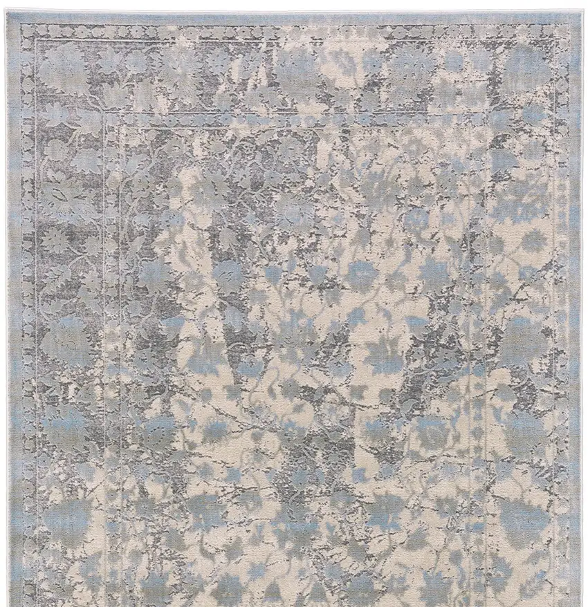 8' Ivory Taupe and Blue Abstract Power Loom Worn Faded Runner Rug Photo 4