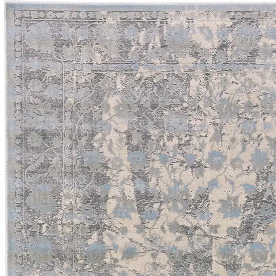 8' Ivory Taupe and Blue Abstract Power Loom Worn Faded Runner Rug Photo 6