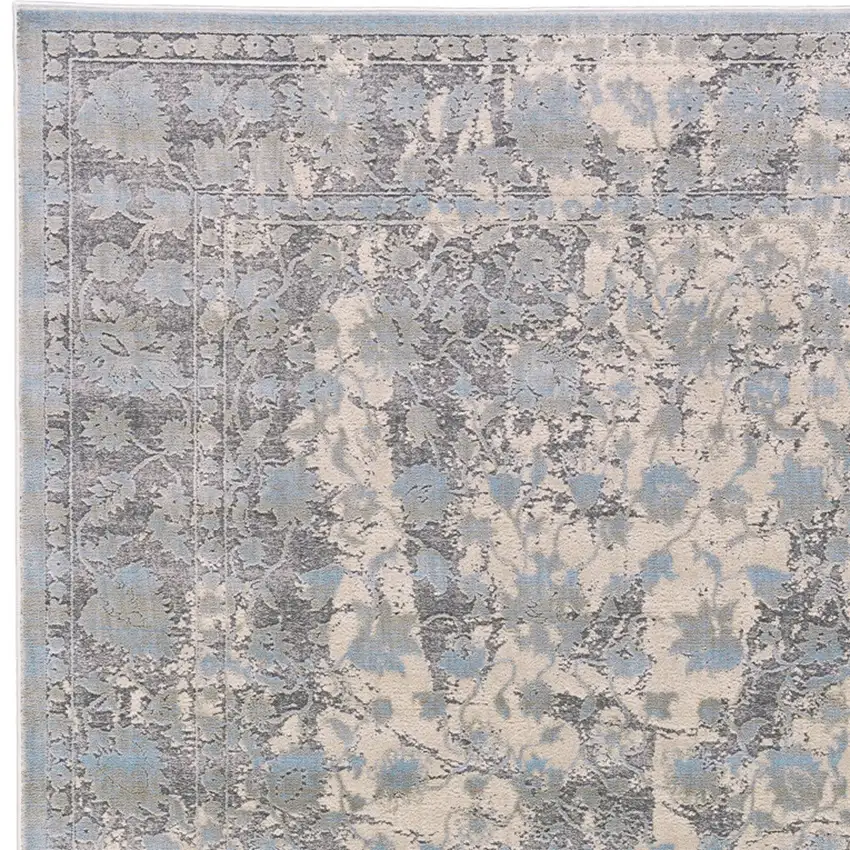 8' Ivory Taupe and Blue Abstract Power Loom Worn Faded Runner Rug Photo 6