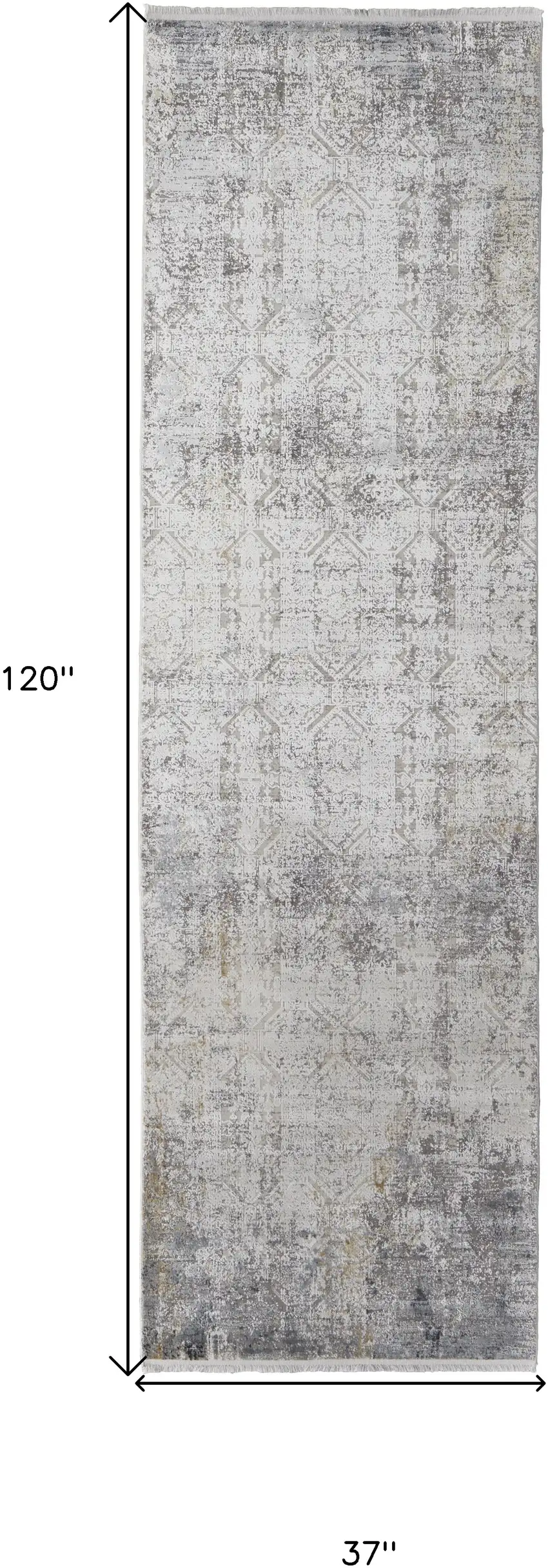 10' Ivory Taupe and Gray Abstract Power Loom Distressed Runner Rug With Fringe Photo 3