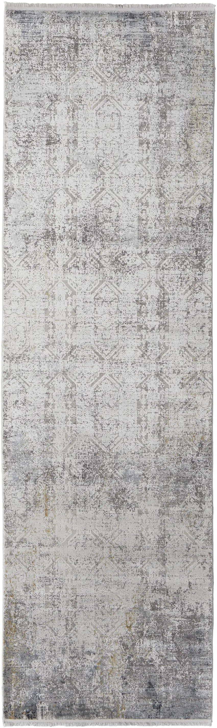 10' Ivory Taupe and Gray Abstract Power Loom Distressed Runner Rug With Fringe Photo 2