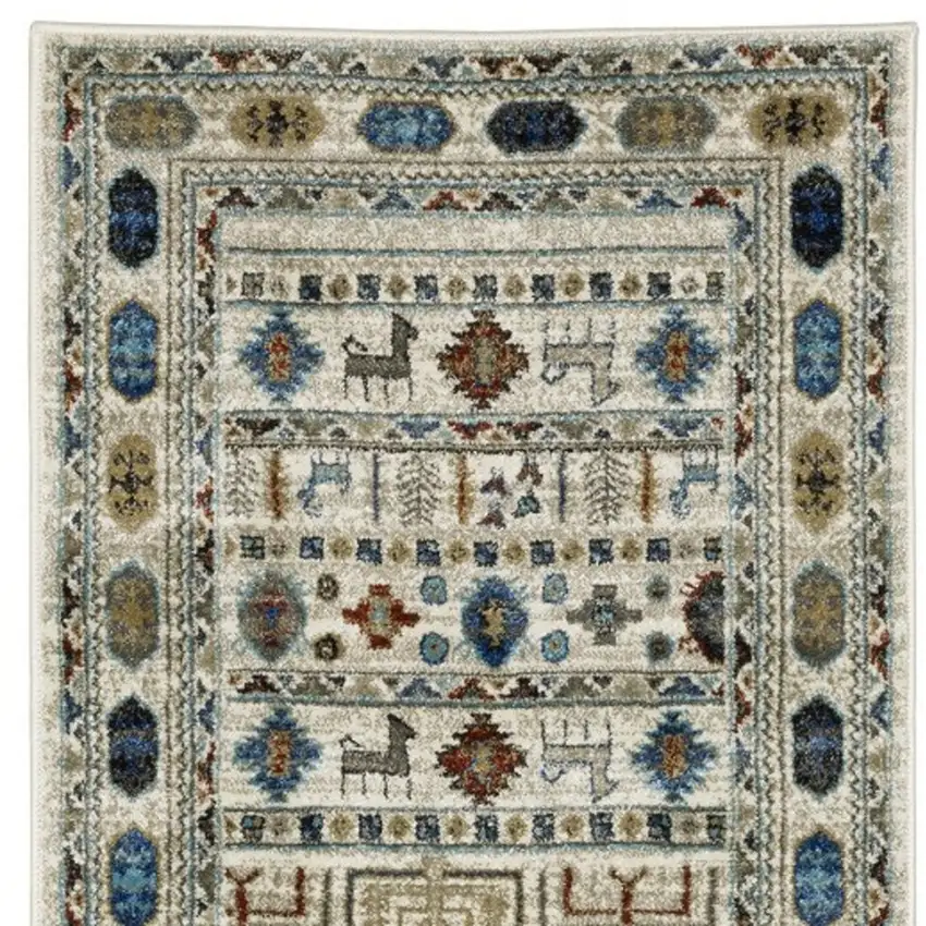 8' Ivory Teal And Gray Tribal Runner Rug Photo 5