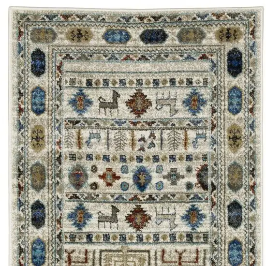 8' Ivory Teal And Gray Tribal Runner Rug Photo 5