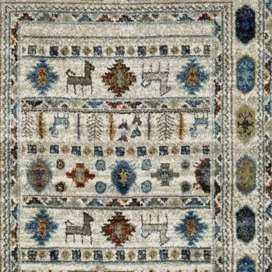 8' Ivory Teal And Gray Tribal Runner Rug Photo 8