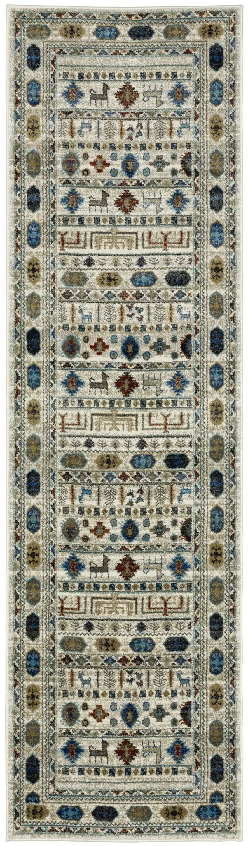 8' Ivory Teal And Gray Tribal Runner Rug Photo 2