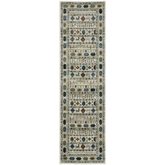 8' Ivory Teal And Gray Tribal Runner Rug Photo 2