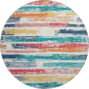 Photo of 8' Ivory Teal And Orange Striped Washable Round Rug With UV Protection