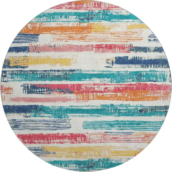 8' Ivory Teal And Orange Striped Washable Round Rug With UV Protection Photo 1