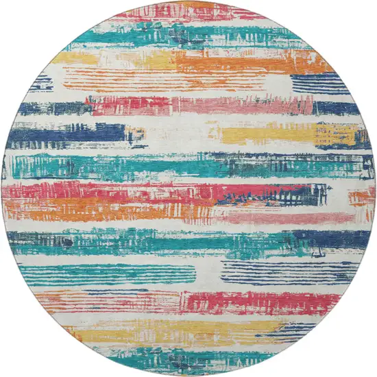 8' Ivory Teal And Orange Striped Washable Round Rug With UV Protection Photo 3