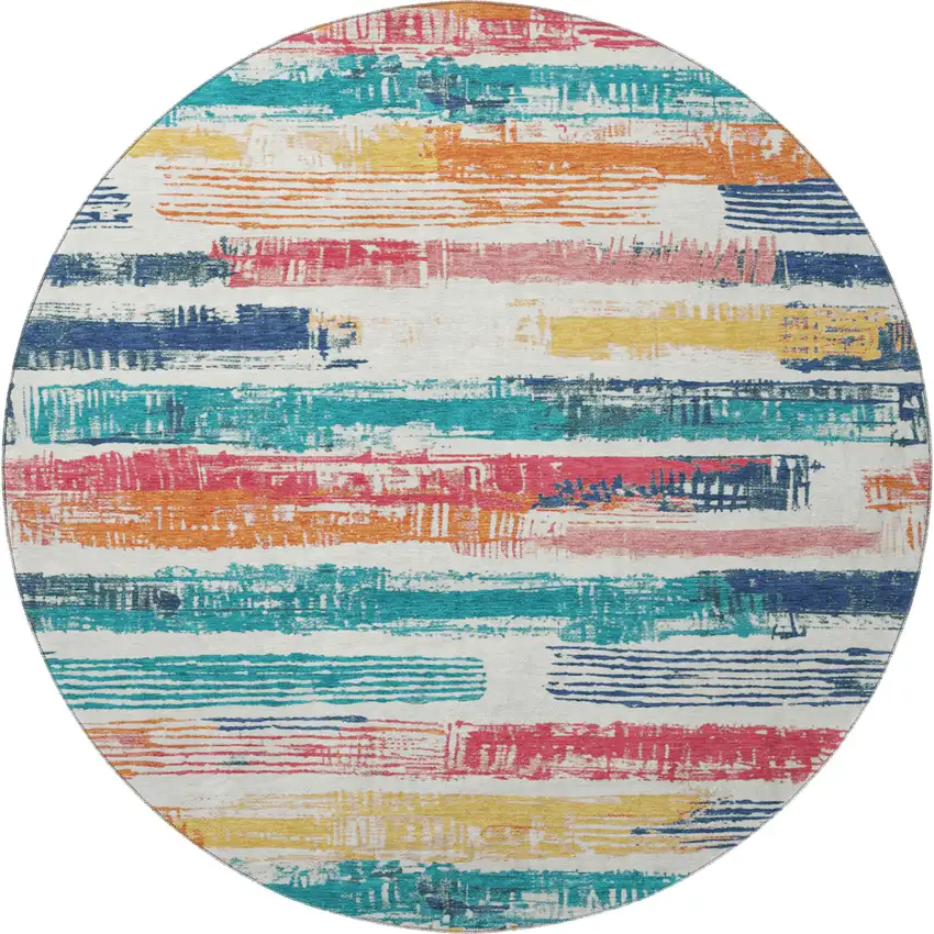 8' Ivory Teal And Orange Striped Washable Round Rug With UV Protection Photo 3