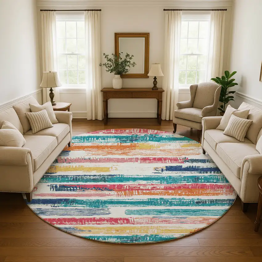 8' Ivory Teal And Orange Striped Washable Round Rug With UV Protection Photo 4