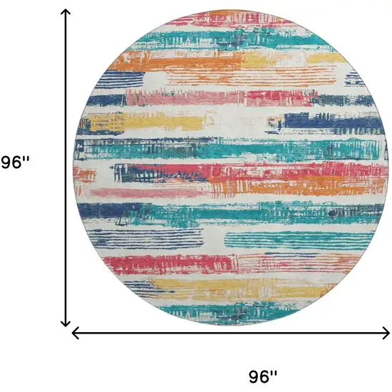 8' Ivory Teal And Orange Striped Washable Round Rug With UV Protection Photo 9
