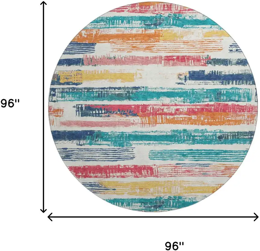 8' Ivory Teal And Orange Striped Washable Round Rug With UV Protection Photo 9