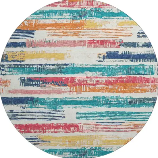 8' Ivory Teal And Orange Striped Washable Round Rug With UV Protection Photo 2