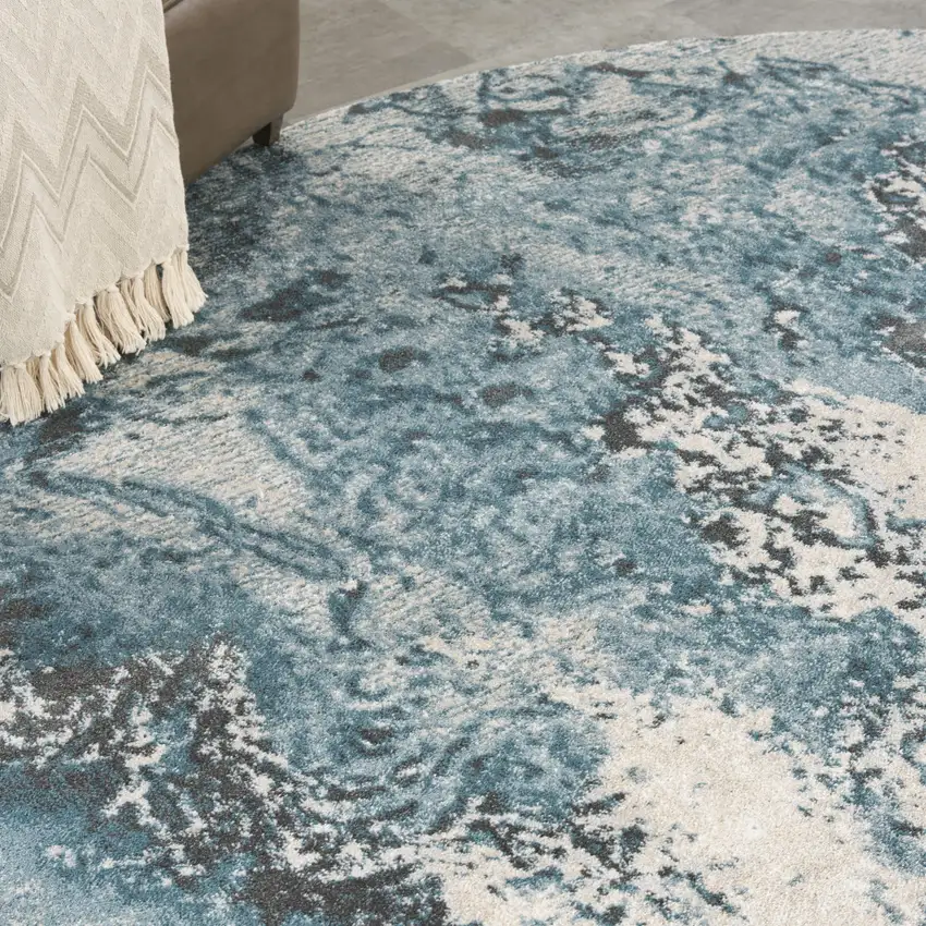 8' Ivory Teal Blue and Black Abstract Non Skid Round Rug Photo 6