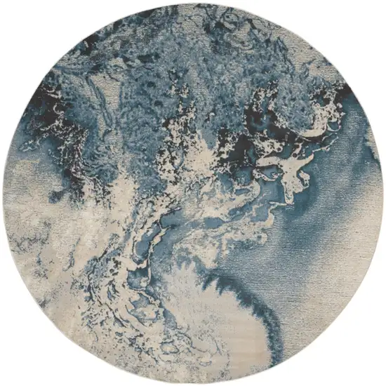 8' Ivory Teal Blue and Black Abstract Non Skid Round Rug Photo 4