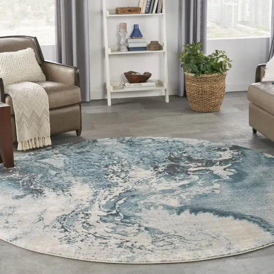 8' Ivory Teal Blue and Black Abstract Non Skid Round Rug Photo 5