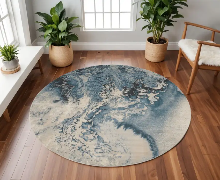 8' Ivory Teal Blue and Black Abstract Non Skid Round Rug Photo 1
