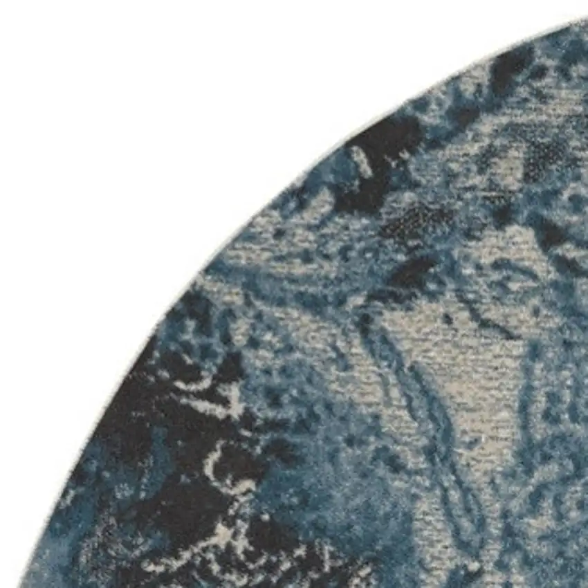 8' Ivory Teal Blue and Black Abstract Non Skid Round Rug Photo 3