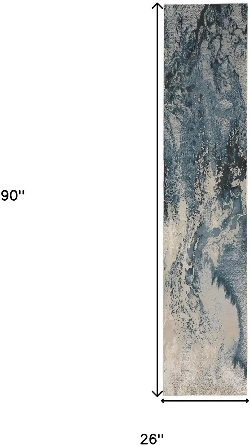 8' Ivory Teal Blue and Black Abstract Non Skid Runner Rug Photo 8