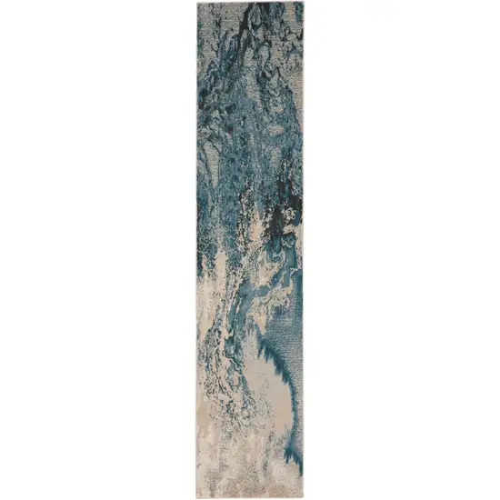 10' Ivory Teal Blue and Black Abstract Non Skid Runner Rug Photo 5